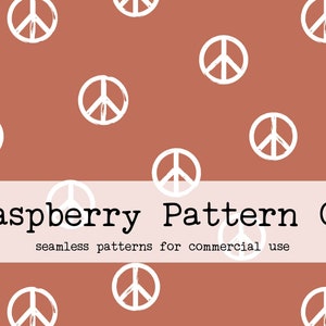 May include: A seamless pattern featuring white peace signs on a terracotta background. The text "Raspberry Pattern Co. seamless patterns for commercial use" is at the bottom of the image.