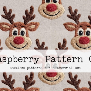 May include: A repeating pattern of cartoon reindeer faces with brown antlers, red noses, and smiling faces. The text "Raspberry Pattern Co" and "seamless patterns for commercial use" are displayed. A "DIGITAL DOWNLOAD" label is also present.