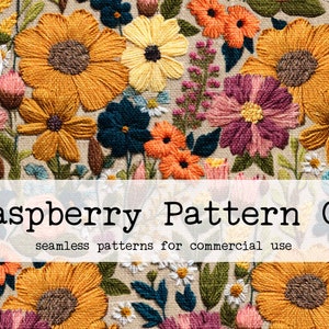 Puede incluir: Un patrón sin costuras que presenta una variedad de flores bordadas en tonos amarillos, naranjas, rosas y azules sobre un fondo beige. El texto "Raspberry Pattern Co. seamless patterns for commercial use" se muestra en la parte inferior de la imagen.