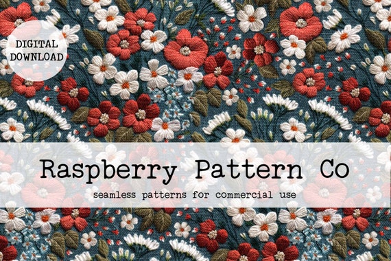 Embroidery Seamless File, Patriotic Floral Embroidery seamless,Cottage Core boho seamless, Red White Blue Floral embroidery seamless pattern