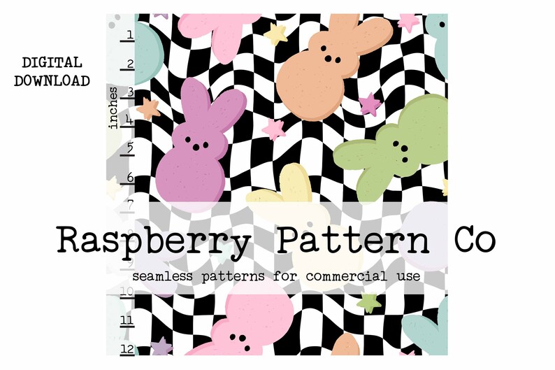 Puede incluir: Un patr&oacute;n sin costuras que presenta malvaviscos en forma de conejito de colores pastel sobre un fondo a cuadros blanco y negro con estrellas blancas. El texto "Raspberry Pattern Co. seamless patterns for commercial use" est&aacute; en la parte inferior de la imagen.
