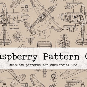 May include: A seamless pattern featuring a vintage blueprint design of a Spitfire airplane. The pattern is beige with black lines and text that reads "Spitfire Mk.VB" and "FIG.4."