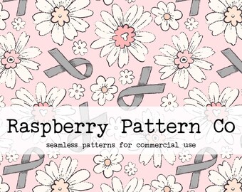 Cancer Grey Ribbon Floral Seamless Pattern Boho Neutral for Commercial Use, Brain Cancer seamless, cancer awareness fabric seamless pattern