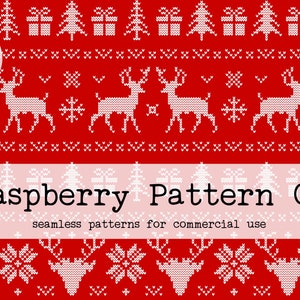 May include: A red and white seamless pattern featuring reindeer, snowflakes, and Christmas trees. The pattern is labeled "Raspberry Pattern Co. seamless patterns for commercial use".