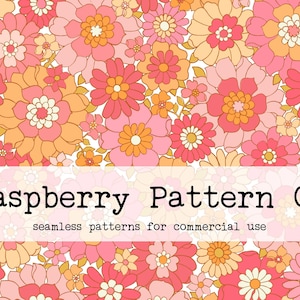 May include: A seamless pattern featuring a retro floral design with pink, orange, and yellow flowers on a white background. The text "Raspberry Pattern Co. seamless patterns for commercial use" is displayed on a pink banner.