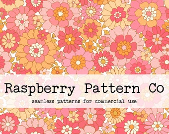 Vintage Retro Floral Pink Flower Power 70s Seamless Pattern Boho for Commercial Use, Floral Seamless Pattern, Seamless Repeat Pattern