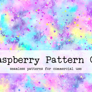 May include: A seamless digital pattern featuring a colourful watercolour background with a splatter effect in shades of pink, blue, yellow, and purple. The text "Raspberry Pattern Co. seamless patterns for commercial use" is displayed at the bottom of the image.