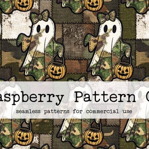 May include: Digital download of a repeating pattern with cartoon ghosts in camouflage patches, carrying jack-o'-lantern buckets. The ghosts have bows and are set against a patchwork background. The text "Raspberry Pattern Co" is also visible.