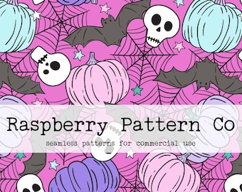 Spooky Cute Halloween Seamless Pattern File, Bright Pastel Halloween seamless, bat skull pumpkin seamless, Creepy Cute Halloween seamless,