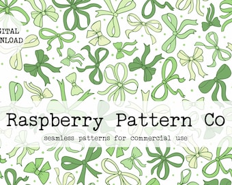 Può includere: Motivo senza cuciture con fiocchi verdi e gialli su sfondo bianco. Il motivo è intitolato "Raspberry Pattern Co. motivi senza cuciture per uso commerciale".