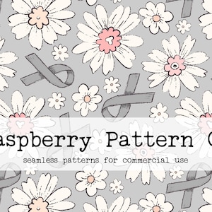 May include: A seamless pattern featuring white daisies with pink centers and gray ribbon accents on a gray background. The text "Raspberry Pattern Co. seamless patterns for commercial use" is displayed at the bottom of the image.