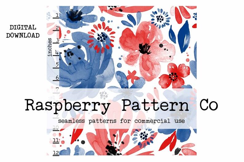 Puede incluir: Un patr&oacute;n sin costuras con flores de acuarela rojas y azules sobre un fondo blanco. El patr&oacute;n tiene 12 pulgadas de ancho y est&aacute; disponible para uso comercial. El texto "Raspberry Pattern Co" se muestra debajo del patr&oacute;n.