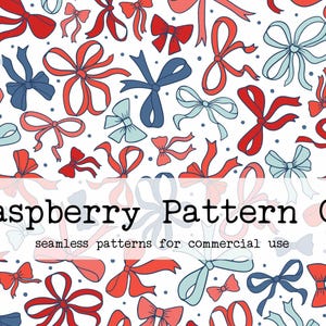 Puede incluir: Un patr&oacute;n sin costuras con lazos rojos, azules y blancos sobre un fondo blanco. El patr&oacute;n es perfecto para usar en manualidades, scrapbooking y otros proyectos creativos.  "Raspberry Pattern Co. seamless patterns for commercial use" est&aacute; escrito en texto negro en la parte inferior de la imagen.