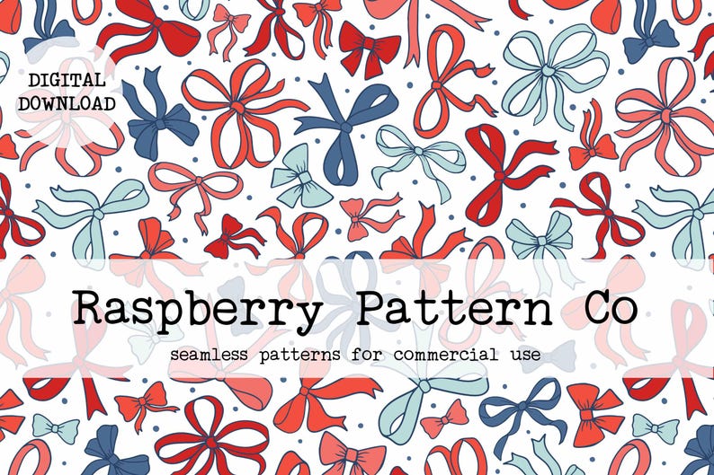 Puede incluir: Un patr&oacute;n sin costuras con lazos rojos, azules y blancos sobre un fondo blanco. El patr&oacute;n es perfecto para usar en manualidades, scrapbooking y otros proyectos creativos.  "Raspberry Pattern Co. seamless patterns for commercial use" est&aacute; escrito en texto negro en la parte inferior de la imagen.