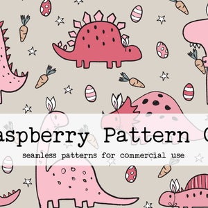 May include: A seamless pattern featuring pink and red dinosaurs with bunny ears, carrots, and striped eggs on a light brown background. The text "Raspberry Pattern Co. seamless patterns for commercial use" is at the bottom of the image.