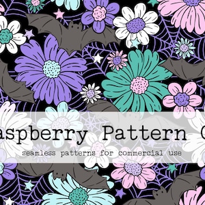 Könnte beinhalten: Ein nahtloses Muster mit Fledermäusen und Blumen in den Farben Rosa, Lila, Türkis und Weiß auf schwarzem Hintergrund. Das Muster ist schwarz umrandet und enthält ein weißes Banner mit dem Text "Raspberry Pattern Co. seamless patterns for commercial use".