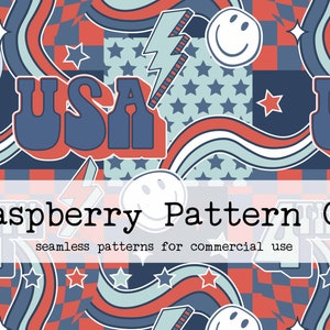 May include: A seamless pattern featuring a retro American flag design with red, white, and blue colors. The pattern includes stars, stripes, checkered patterns, and the word "USA" in a bold, retro font. The text "Raspberry Pattern Co. seamless patterns for commercial use" is also included.
