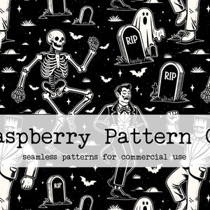 May include: A black and white seamless pattern featuring a skeleton, a vampire, a Frankenstein's monster, and a ghost. The pattern also includes tombstones with the word "RIP" on them. The background is black with white stars and bats.