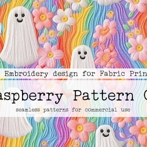Peut inclure: Un motif sans couture représentant des fantômes blancs avec des visages souriants, des fleurs roses et des rayures arc-en-ciel. Le texte "Raspberry Pattern Co. seamless patterns for commercial use" est en bas de l'image.
