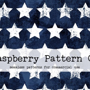 May include: A seamless pattern featuring white stars on a dark blue background. The pattern is repeated throughout the image. The text "Raspberry Pattern Co. seamless patterns for commercial use" is displayed at the bottom of the image.