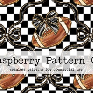 May include: Seamless digital pattern featuring brown footballs with black bows on a black and white checkered background. The text "Raspberry Pattern Co" and "DIGITAL DOWNLOAD" are also present.