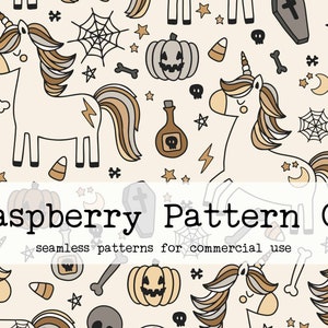 Cute Halloween Fall Neutral Cute Retro Boho Unicorn Seamless Pattern for Commercial Use, unicorn seamless repeat pattern, Halloween seamless