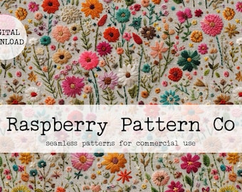 Embroidery Seamless File, Wildflower Embroidery seamless, Cottage Core boho seamless, Floral embroidery seamless pattern,daisy seamless