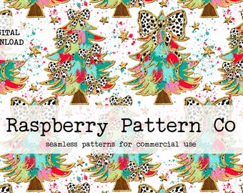 May include: Seamless pattern featuring gold glitter Christmas trees with red, pink, and turquoise watercolor accents. Each tree has a black and white spotted bow. The background is white with gold stars and splattered paint.