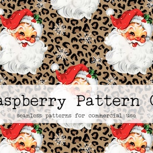 May include: A seamless pattern featuring a vintage Santa Claus illustration on a brown leopard print background with white snowflakes. The text "Raspberry Pattern Co. seamless patterns for commercial use" is at the bottom of the image.