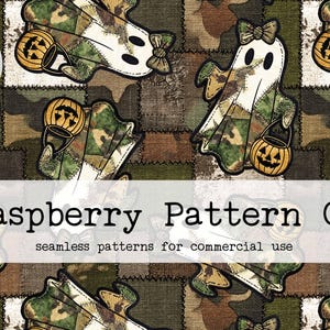 May include: Digital download Halloween-themed seamless pattern featuring ghosts, jack-o'-lanterns, and camouflage patchwork. The design includes the text "Raspberry Pattern Co" and "seamless patterns for commercial use". The image has a digital download circle.