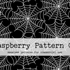 May include: Black and white seamless pattern featuring a spider web design. The image includes the text "Raspberry Pattern Co" and "seamless patterns for commercial use". A digital download is available.
