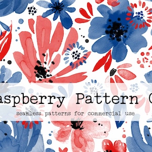 Puede incluir: Un patr&oacute;n sin costuras con flores de acuarela roja y azul sobre un fondo blanco. El patr&oacute;n es perfecto para uso comercial. El texto "Raspberry Pattern Co" se muestra en la parte inferior de la imagen.