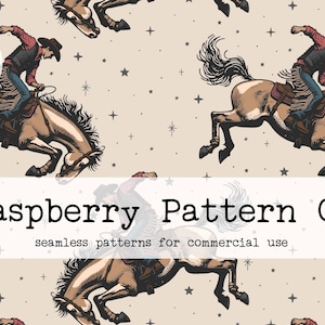 May include: A seamless pattern featuring a cowboy riding a bucking bronco horse. The background is a light beige with a scattered pattern of stars and crosses. The text "Raspberry Pattern Co" and "seamless patterns for commercial use" is displayed at the bottom of the image.