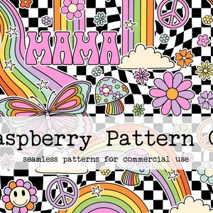 Peut inclure: Un motif sans couture sur le thème psychédélique des années 1970 avec des arcs-en-ciel, des signes de paix, des papillons, des fleurs et le mot "Mama" dans une police rétro. Le motif est sur un fond à carreaux noir et blanc.