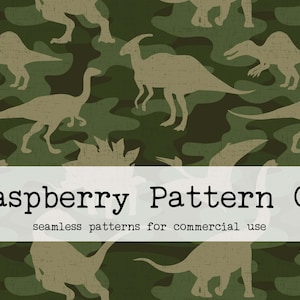 May include: A seamless pattern featuring silhouettes of various dinosaurs in a camouflage pattern. The pattern is in shades of green and brown. The text "Raspberry Pattern Co. seamless patterns for commercial use" is at the bottom of the image.