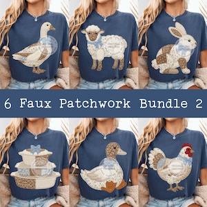 May include: Six navy blue t-shirts with faux patchwork animal designs: a goose, a sheep, a rabbit, a tiered serving dish, a duck, and a chicken. The text "6 Faux Patchwork Bundle 2" is displayed below the shirts.