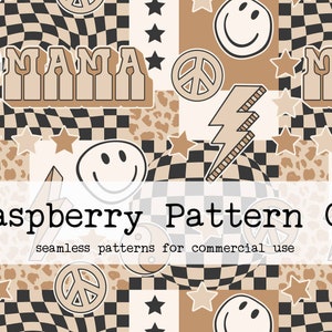 May include: A seamless pattern featuring a checkered background with various retro-style graphics, including peace signs, smiley faces, stars, and the word "MAMA". The pattern is in shades of brown and black.