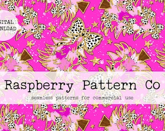 May include: A seamless pattern featuring pink, gold, and brown elements. The pattern includes stars, bows, and a geometric shape. The background is a bright pink color.