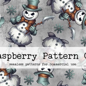 May include: Seamless pattern featuring menacing snowmen with top hats, holding blades, and wearing orange scarves. The design includes snowflakes and the text "Raspberry Pattern Co" and "seamless patterns for commercial use".