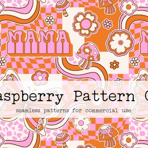May include: A seamless pattern featuring a pink and orange color scheme with mushrooms, butterflies, flowers, and the text "Mama" and "May".