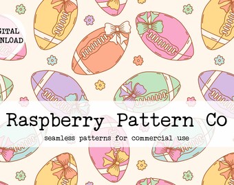 May include: A seamless pattern featuring pastel-coloured footballs with bows and small flowers on a light peach background. The text "Raspberry Pattern Co. seamless patterns for commercial use" is at the bottom of the image.