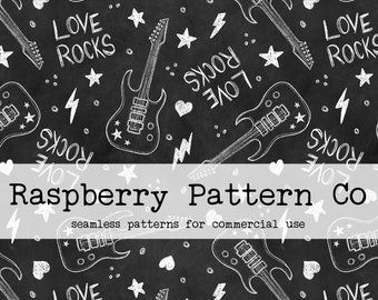 May include: A black and white seamless pattern featuring electric guitars, stars, hearts, and the text "Love Rocks".