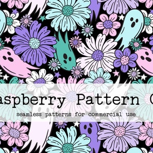 Floral Ghosts Halloween Seamless Pattern File, Pastel Halloween seamless, bat skull pumpkin seamless, Spooky Creepy Cute Halloween seamless,