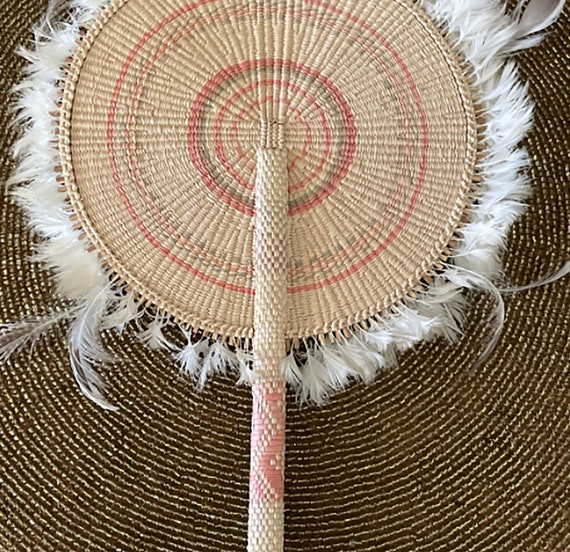 Vintage woven straw hand fan With Feather Handmade Etsy