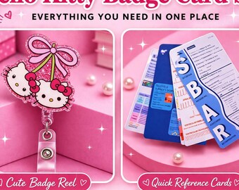 Pink Hello Kitty Badge reel + Badge cards + Stickers set for nursing students & nurses