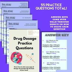 May include: A stack of educational materials for drug dosage practice. The main cover features the title "Drug Dosage Practice Questions" with illustrations of medical tools. Includes answer keys and reference sheets.