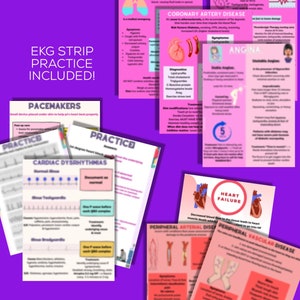 May include: A collection of educational cards on a purple background. The cards cover topics like pulmonary edema, coronary artery disease, and cardiac dysrhythmias. Text on the cards includes "EKG Strip Practice Included!" and "Pacemakers."