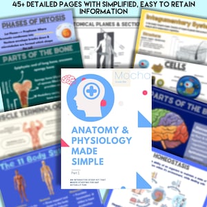 May include: Anatomy and Physiology study kit with the title "Anatomy & Physiology Made Simple" on the cover. The cover features a blue and white graphic of a person's head with a medical cross. The image also shows other educational pages.