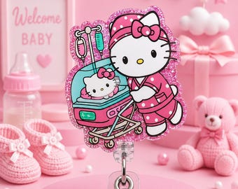 Pink Maternity/Pediatric Hello Kitty Badge Reel | Retractable ID Holder | L&D, NICU, OB Gift