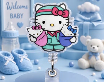 Blue Maternity/Pediatric Hello Kitty Badge Reel | Retractable ID Holder | L&D, NICU, OB Gift